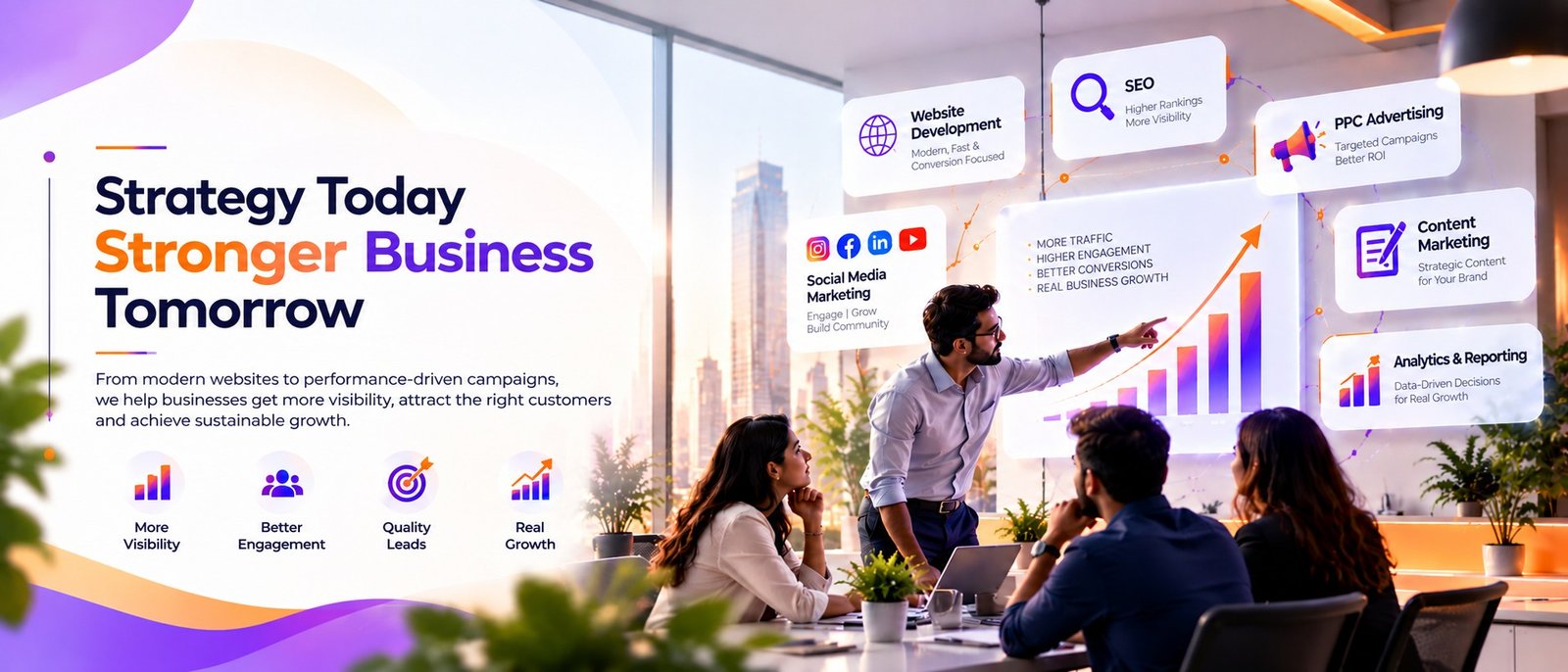 Strategy today, stronger business tomorrow &mdash; TaskVenture Infotech takes
                  businesses from modern websites to performance-driven campaigns across website
                  development, SEO, PPC advertising, social media marketing, content marketing and
                  analytics, for more visibility, better engagement, quality leads and real growth.